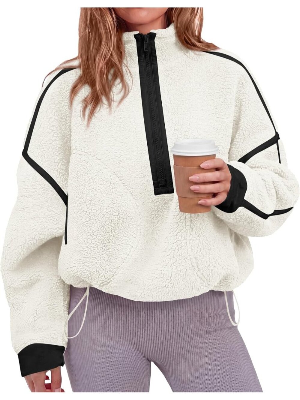 Womens White Black Mock Neck Imported Half Zip Sherpa Fleece Pullover Sweatshirt